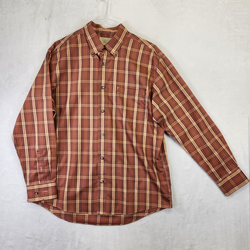 Cabelas Outfitter Series‎ Mens Large Brown Plaid Button Down Shirt Long Sleeve